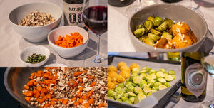 Karamellisierter Rosenkohl mit Herzoginkartoffeln, Mandelsplittern & würziger Gemüsesauce