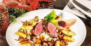 Weihnachtsmenü (Hauptgang): Rehrücken mit karamellisiertem Chicorée und Kartoffelhäufchen