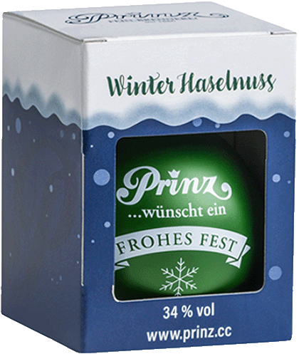 Prinz Christbaumkugel aus Glas grün mit Winter-Haselnuss - Spirituose 34 % Vol.