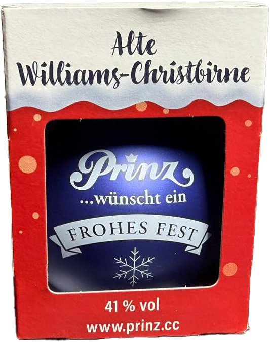 Prinz Christbaumkugel aus Glas blau mit Winter-Williams-Christbirne - Spirituose 34 % Vol.