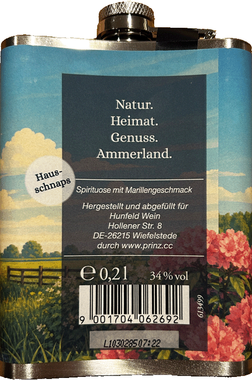 Edelstahl-Flachmann AMMERLAND - Hausschnaps fruchtig 34 % Vol. Spirituose mit Marillengeschmack Rückseite
