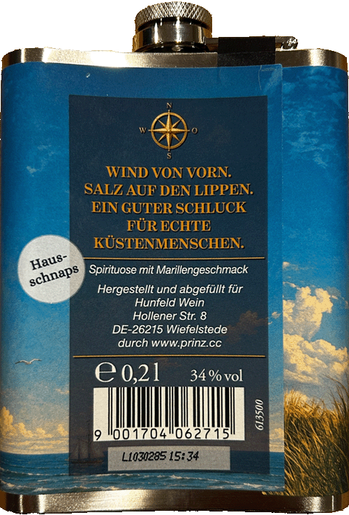 Edelstahl-Flachmann mit Küstenmotiv - Hausschnaps fruchtig 34 % Vol. Spirituose mit Marillengeschmack Rückseite